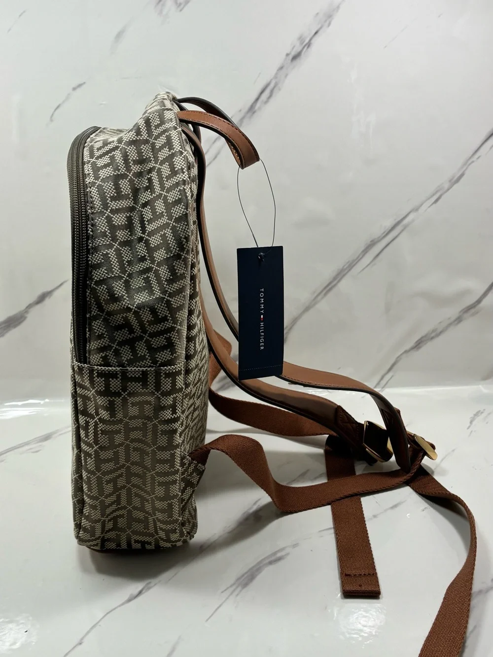 Tommy Hilfiger Beige Monogram Backpack with Red-White-Blue Stripe